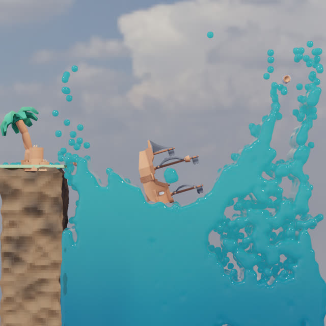 A pirate ship thrown into the air by a huge splash